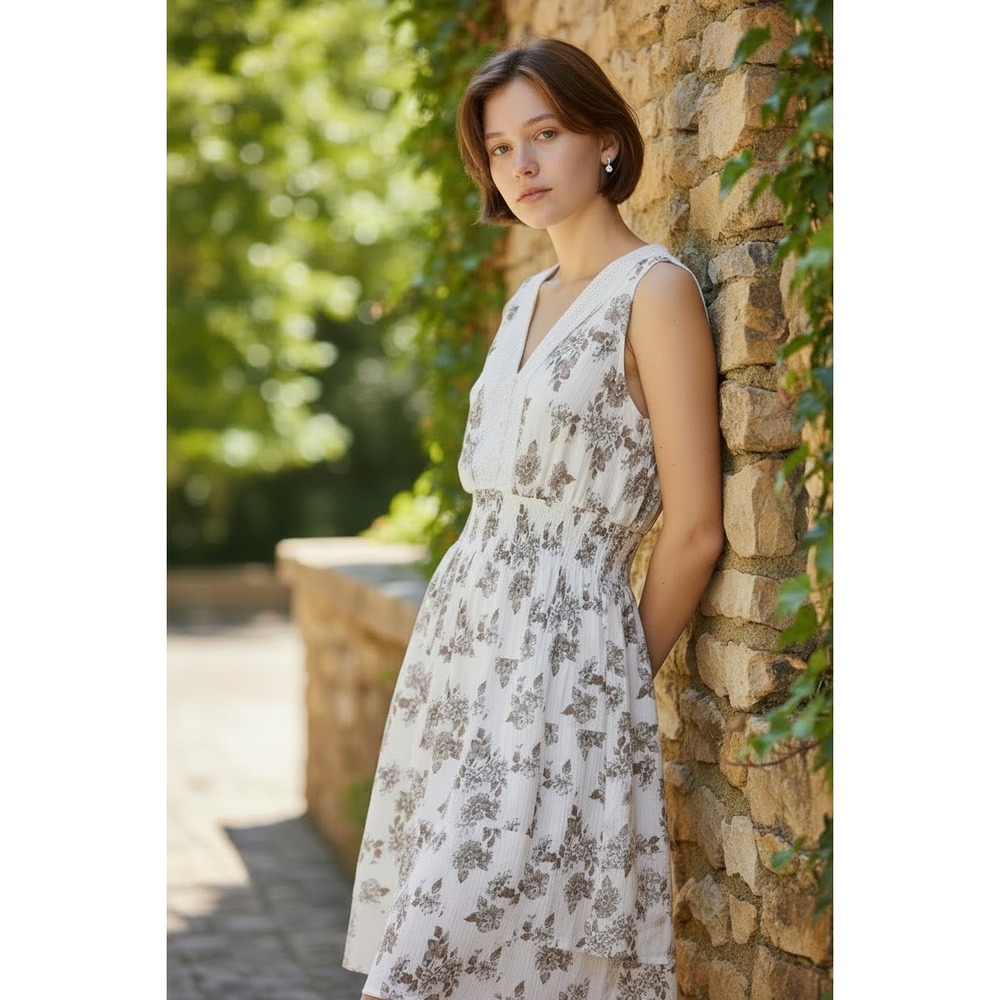 Brown And White Floral V-Neck Midi L Dress Smocked‎ Tiered Cottage Boho